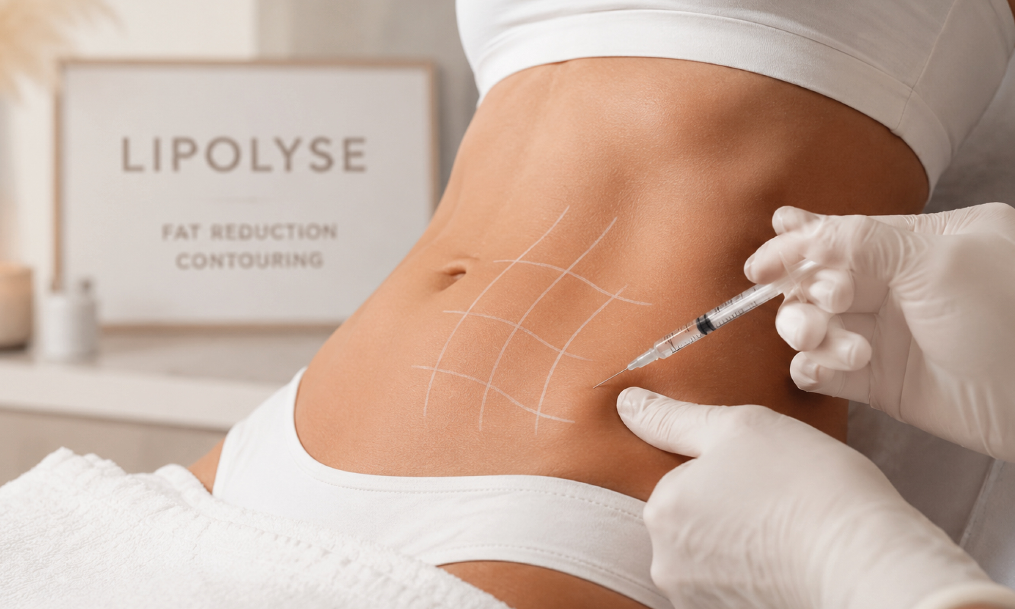 Profhilo-Behandlung: Produktverpackung und Spritze auf einem Tablett, , Polynukleotide zur regenerativen Hautpflege: Ampulle mit Molekülmodell, NCTF 135 HA Mesotherapie: Filorga-Ampulle mit Verpackung und Spritze, Shilan Roosen-Fierlings mit Kanüle vor dem Produktregal, Lipolyse-Behandlung zur Fettreduktion am markierten Bauch