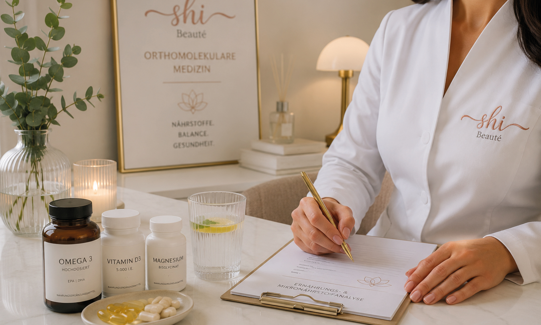 Orthomolekulare Medizin: Beratung mit Nahrungsergänzungsmitteln am Tisch, Longevity-Motiv mit tropischem Strand und Meer für Gesundheit und Lebensqualität, Frauengesundheit: Gruppe lächelnder Frauen verschiedener Generationen in Weiß, Beratung zur Darmgesundheit mit Info-Broschüre über den Darm, Schädelakupunktur nach YNSA an liegender Klientin, Ohrakupunktur: Ohr mit feinen Nadeln, Motiv „Kleine Nadeln – große Wirkung“, Infusionstherapie: Klientin erhält eine Vitamininfusion