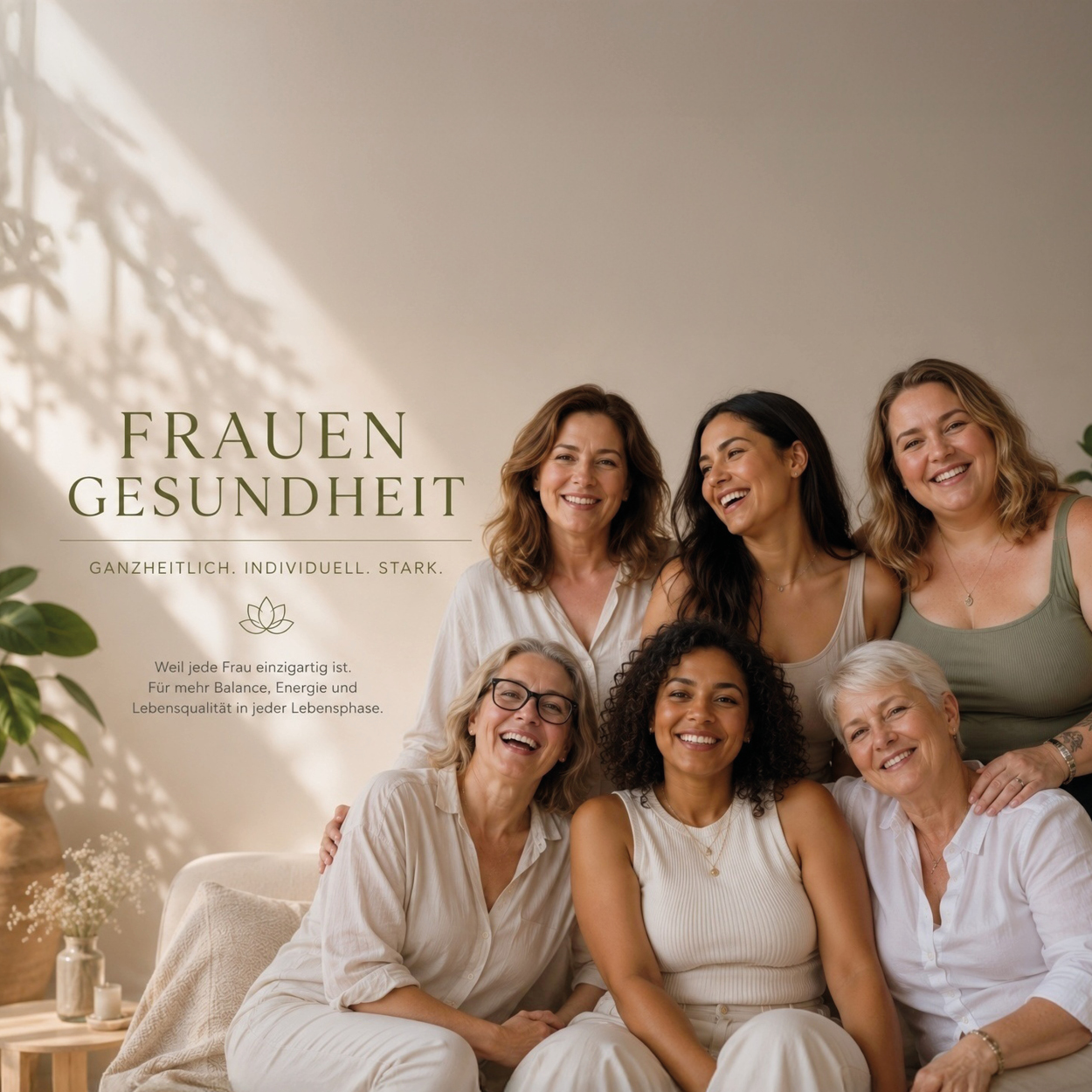 Orthomolekulare Medizin: Beratung mit Nahrungsergänzungsmitteln am Tisch, Longevity-Motiv mit tropischem Strand und Meer für Gesundheit und Lebensqualität, Frauengesundheit: Gruppe lächelnder Frauen verschiedener Generationen in Weiß, Beratung zur Darmgesundheit mit Info-Broschüre über den Darm, Schädelakupunktur nach YNSA an liegender Klientin, Ohrakupunktur: Ohr mit feinen Nadeln, Motiv „Kleine Nadeln – große Wirkung“, Infusionstherapie: Klientin erhält eine Vitamininfusion