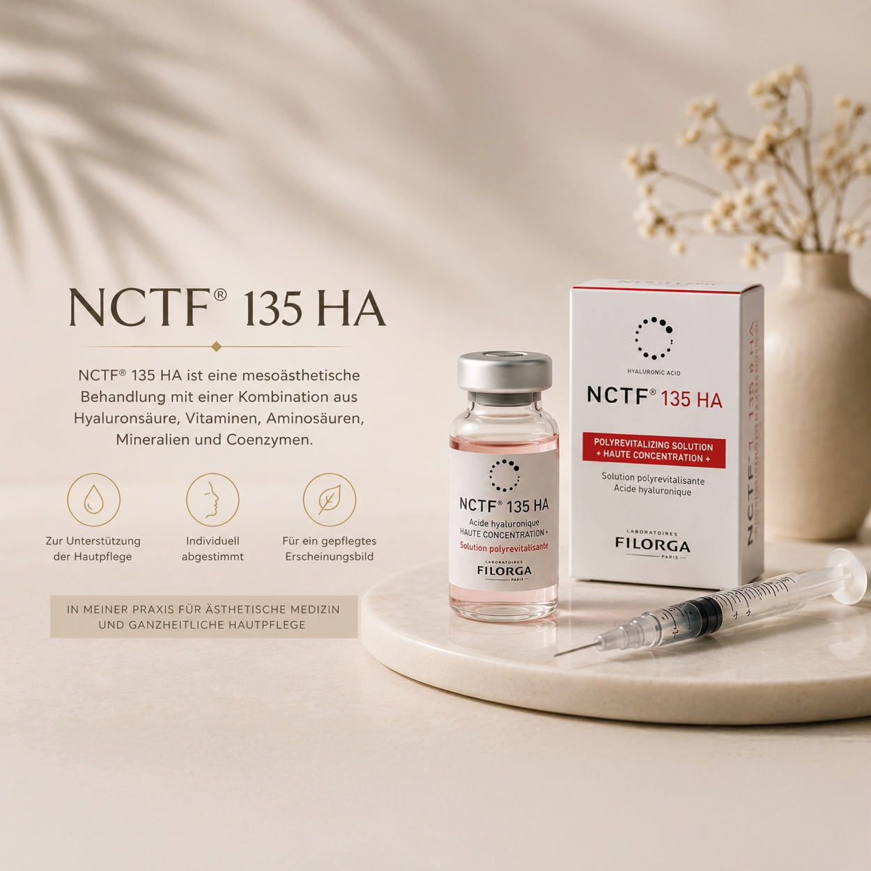 Profhilo-Behandlung: Produktverpackung und Spritze auf einem Tablett, , Polynukleotide zur regenerativen Hautpflege: Ampulle mit Molekülmodell, NCTF 135 HA Mesotherapie: Filorga-Ampulle mit Verpackung und Spritze, Shilan Roosen-Fierlings mit Kanüle vor dem Produktregal, Lipolyse-Behandlung zur Fettreduktion am markierten Bauch