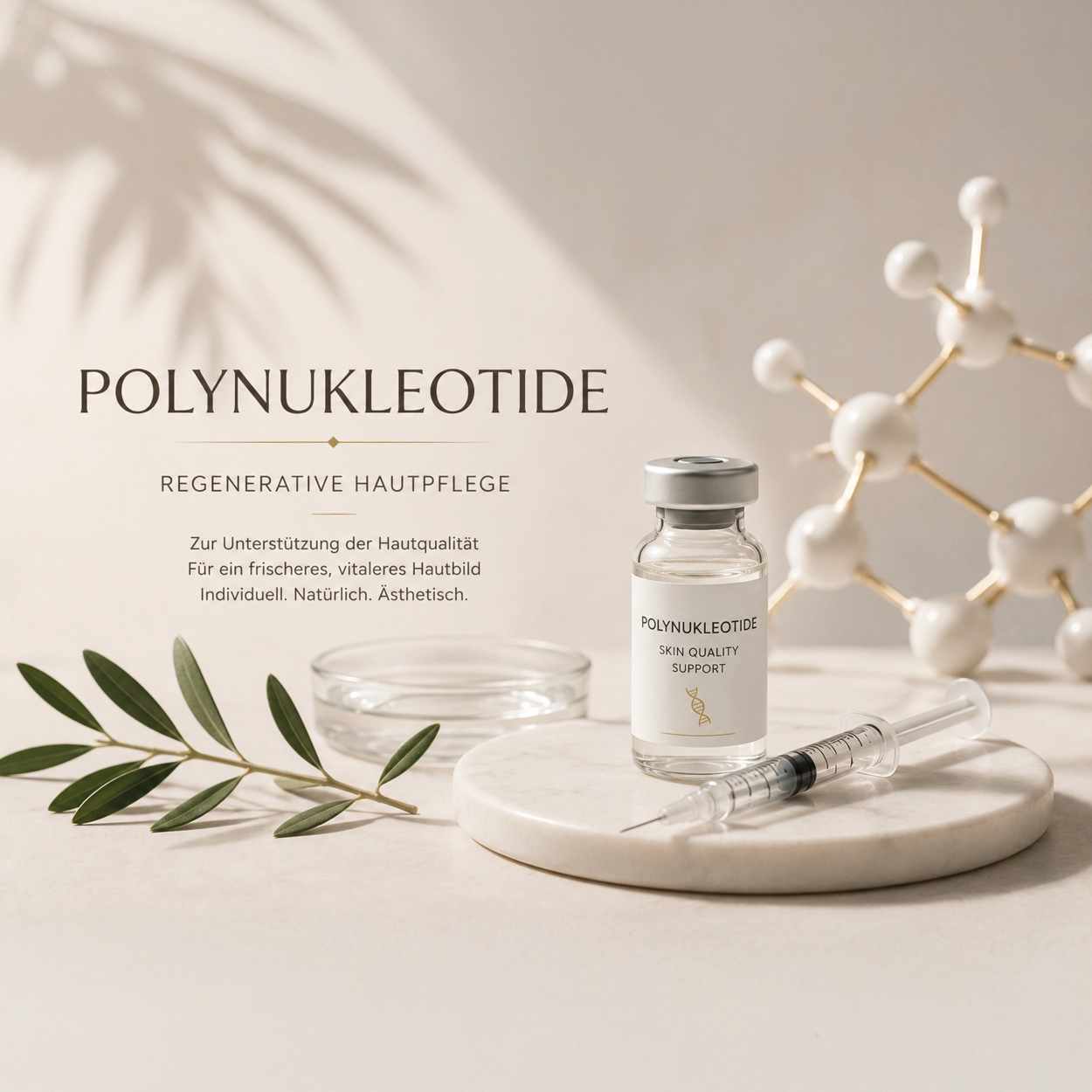 Profhilo-Behandlung: Produktverpackung und Spritze auf einem Tablett, , Polynukleotide zur regenerativen Hautpflege: Ampulle mit Molekülmodell, NCTF 135 HA Mesotherapie: Filorga-Ampulle mit Verpackung und Spritze, Shilan Roosen-Fierlings mit Kanüle vor dem Produktregal, Lipolyse-Behandlung zur Fettreduktion am markierten Bauch